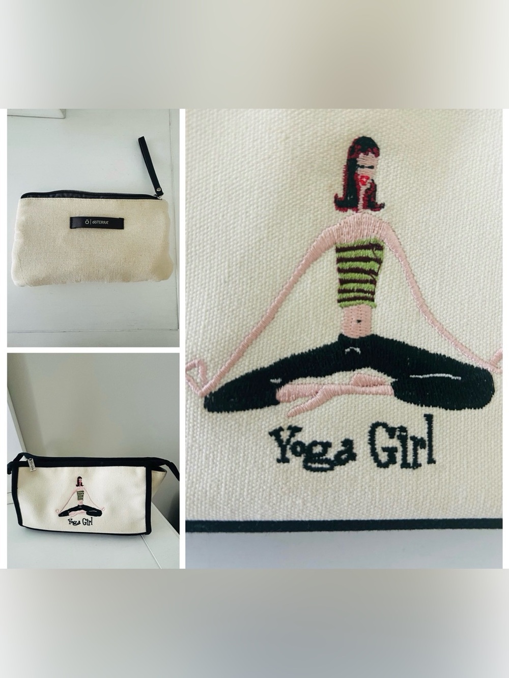 Yoga Girl by The Girls Embroidered 
 Canvas Bag Plus Extra Bag Cream & Black
